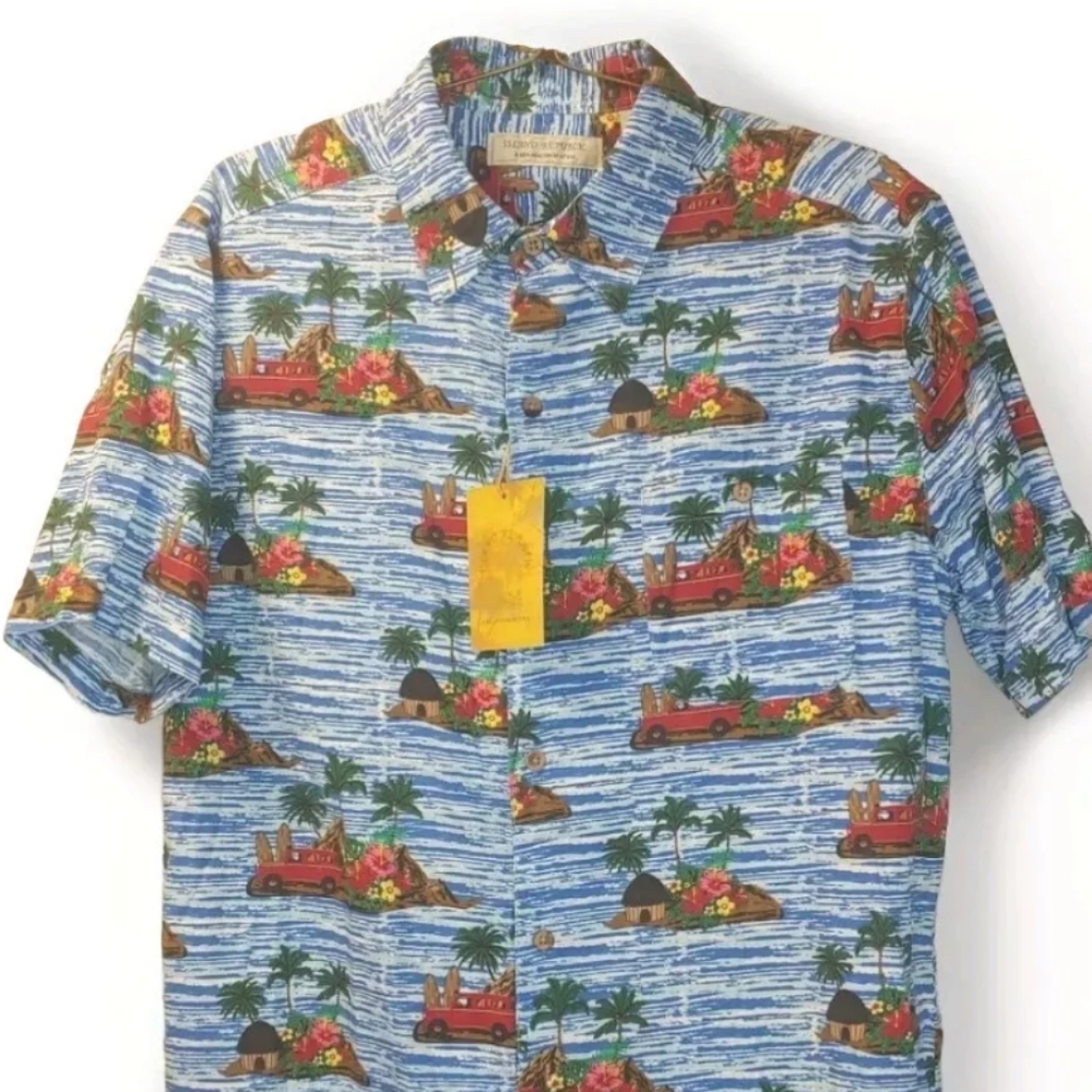 Island Republic Woody Island Hawaiian Shirt Men L Tiki Hut Surfer Retro Blue Nwt